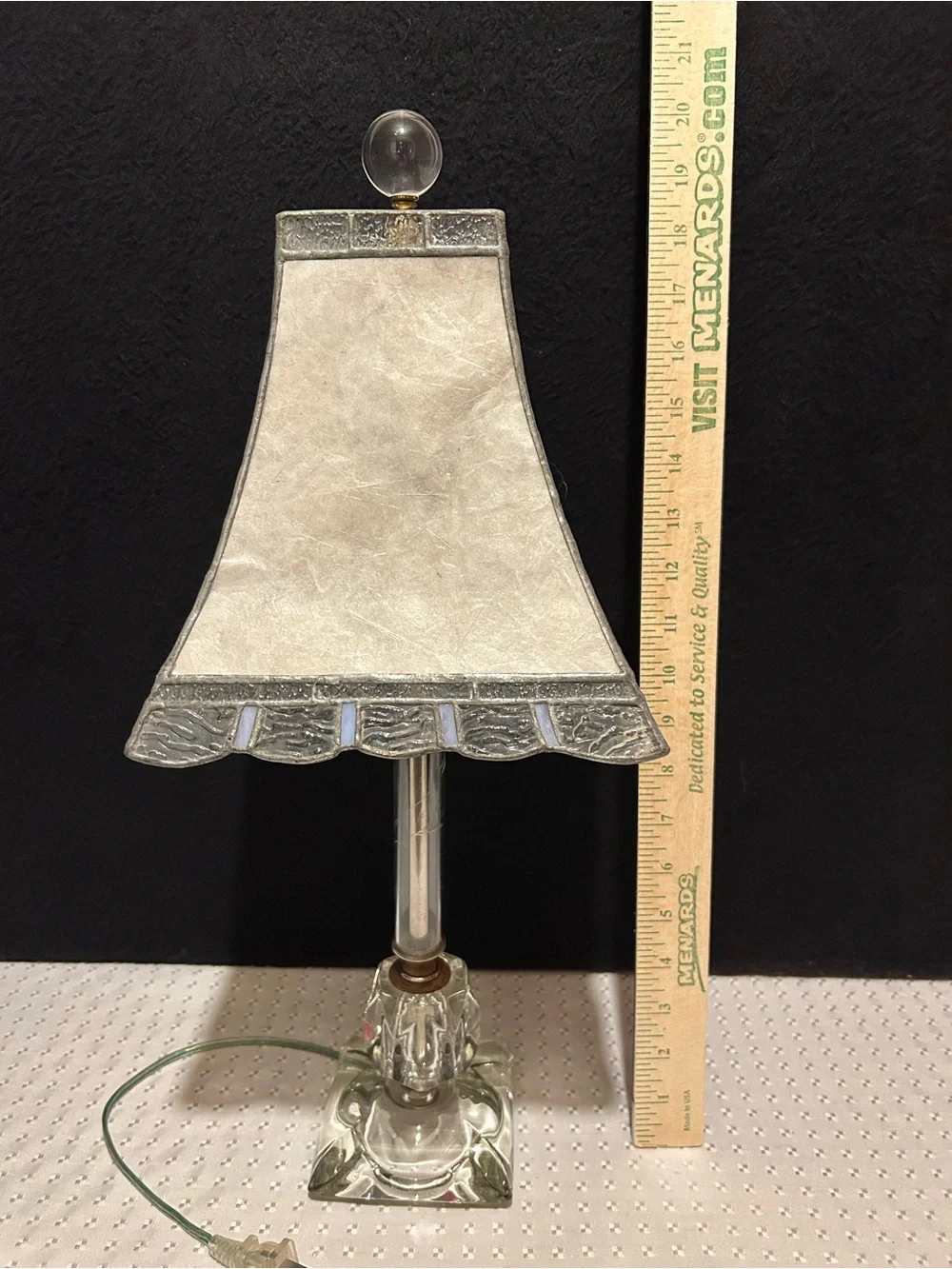 Vintage Glass Base Table Lamp with White Stained-Glass Shade Etched Glass Shaft